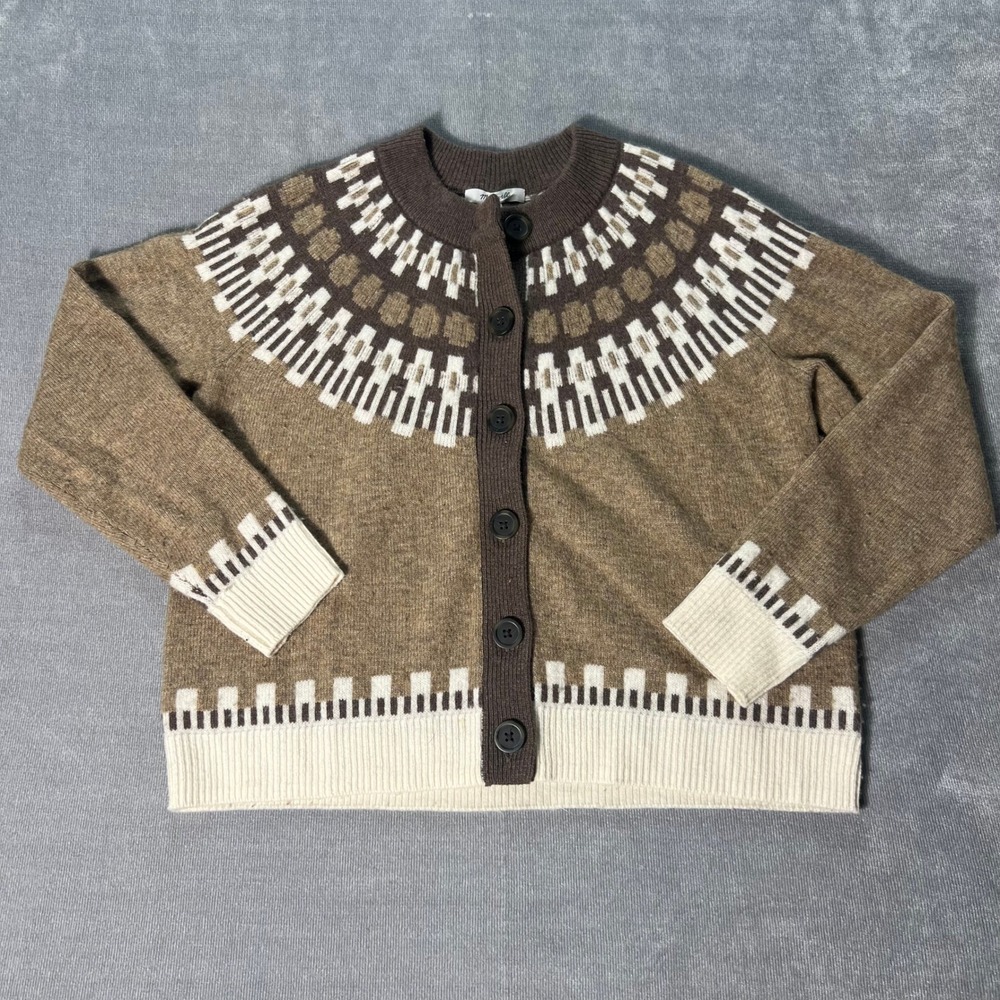 Madewell Womens Frankfort Fair Isle Cardigan Sweater XS Brown Merino Wool Cozy